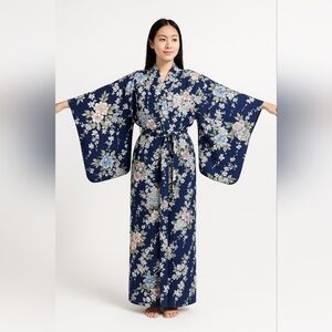 WOMEN'S YUKATA ROBE JAPANESE SUMMER KIMONO CHERRY BLOSSOM NAVY OS